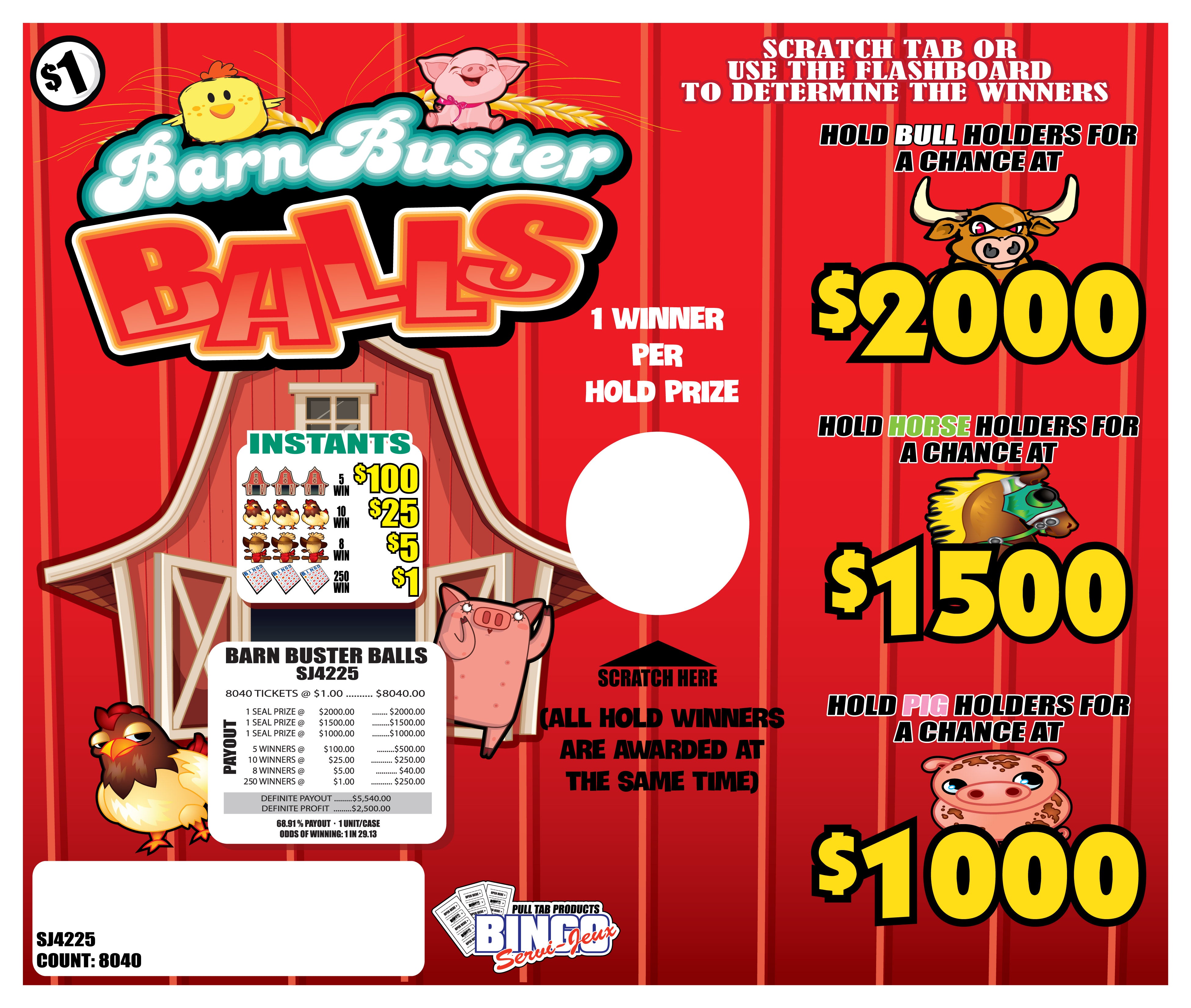 BARN BUSTER BALLS - SEAL CARD **HUGE PRIZES** – PULLTABSALES.COM